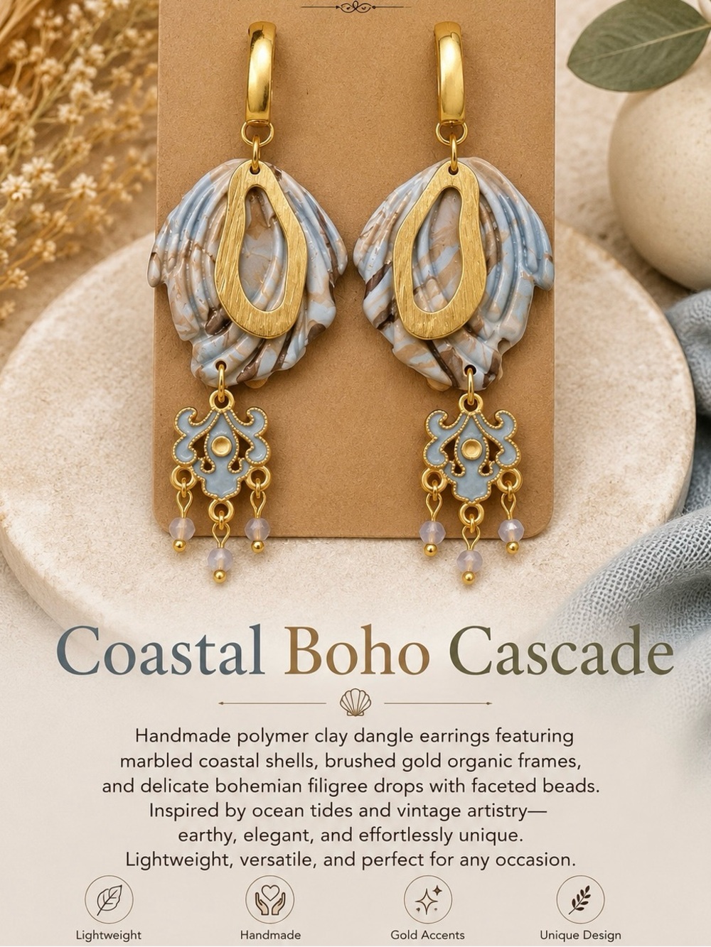 Coastal Boho Cascade Blue & Gold Dangle Earrings by Treasure Trove